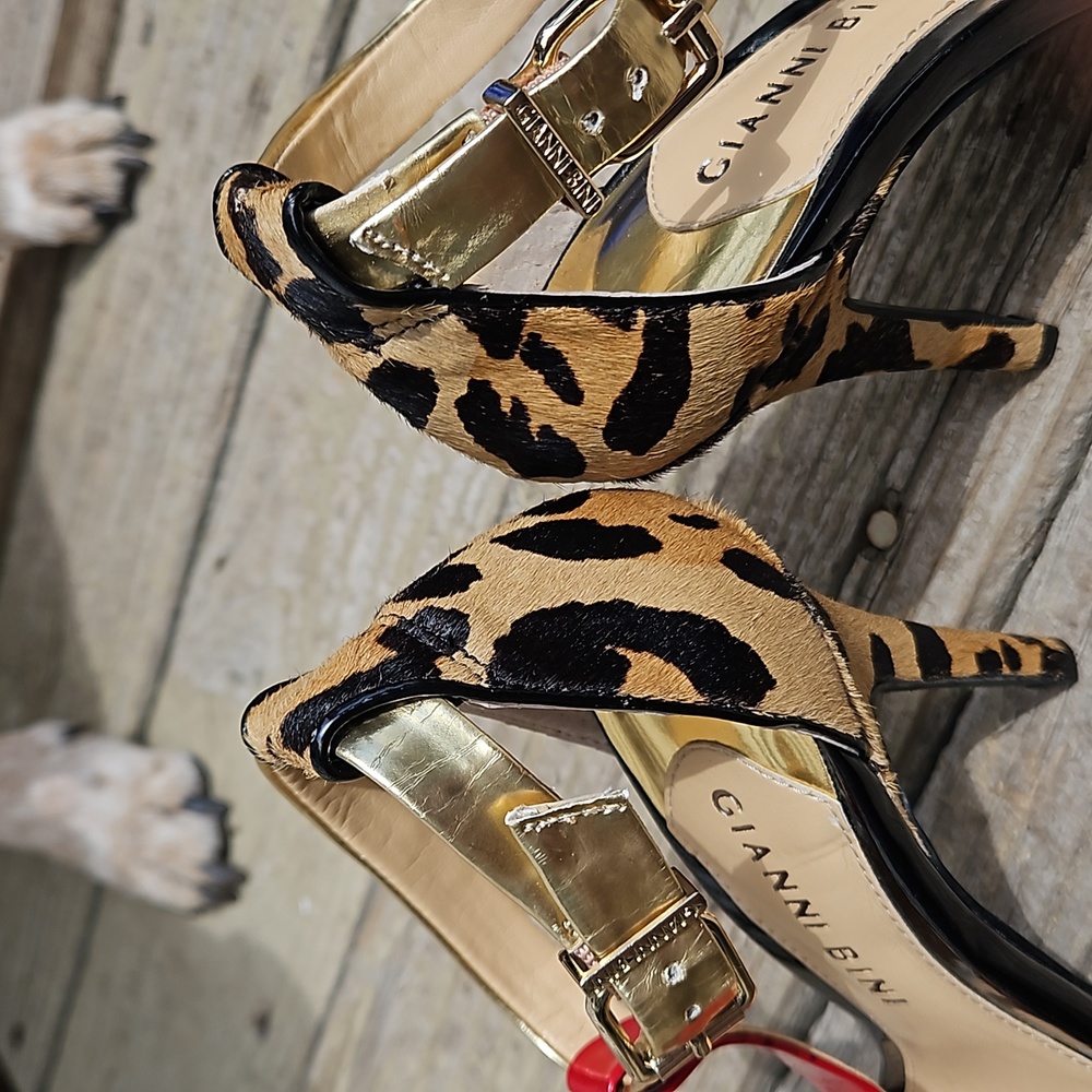 Gianni Bini 4 inch Heels Red Gold Strappy Leopard Heel - Picture 7 of 8